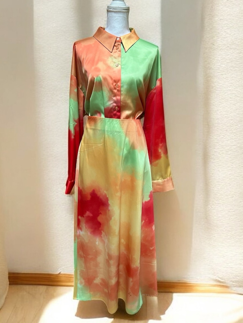 Eloquii 2 PC Satin Vibrant Tie Die Water Color Painters Sunrise Skirt Set Sz 18